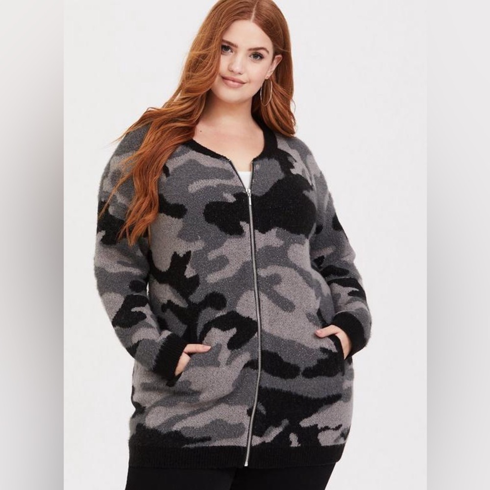 Torrid black and gray camo zip-front cardigan sweater
